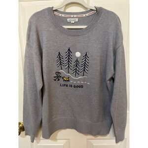 Life is Good Sweater Women's L Gray Winter Scene Embroidered Dog